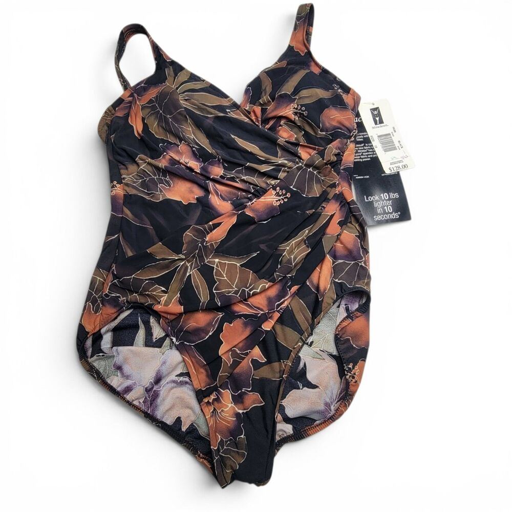 NWT Miraclesuit Size 18 One Piece Swimsuit Brown Floral Tummy Control Bathing - Picture 2 of 10